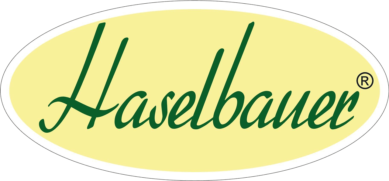 Haselbauer Logo in gelbem Oval mit grünem, geschwungenem Schriftzug Haselbauer; gelb-Grün Kontrast, markenlogo Haselbauer