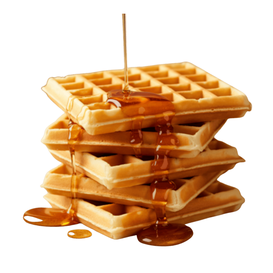 Waffelstack aus goldbraun gebackenen Waffeln mit Ahornsirup, sichtbare Wabenstruktur und karamellisierte Tropfen, appetitlich dekorativ